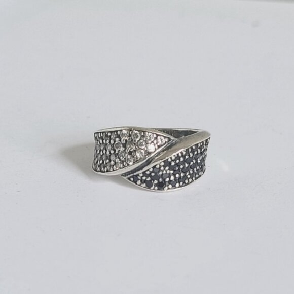 Vintage Boho 2 Tone Clear Black Spinel Crystal Colourblock Sterling Silver Ring - Picture 11 of 12